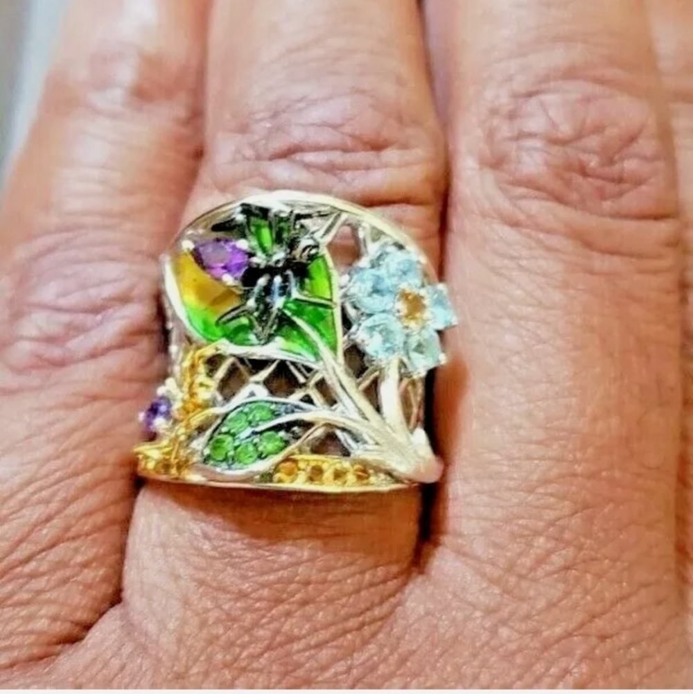 Amethyst, Citrine, Chrome Diopside, Topaz Nature Ring Plat over Sterling… - Picture 2 of 11